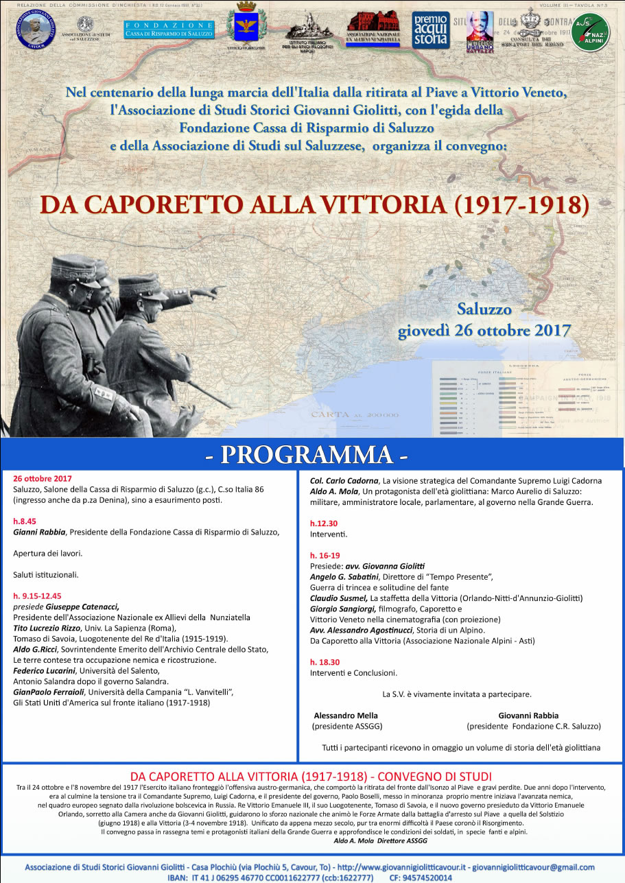 L'Associazione di studi storici Giovanni Giolitti (Cavour): Convegno di Studi DA CAPORETTO ALLA VITTORIA (1917-1918) – Saluzzo, 26 ottobre 2017