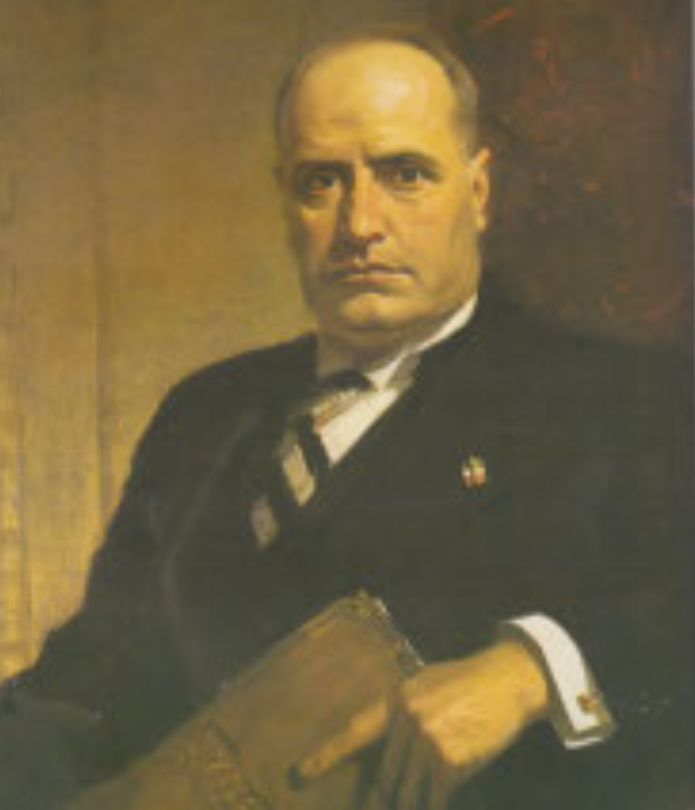 Ritratto a olio di Benito Mussolini, dipinto da
                    Franck O. Salisbury (1927). Il duce, col distintivo
                    del PNF, tiene in mano una carpetta intitolata
                    Governo.