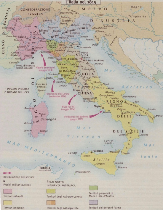 Il mosaico di Stati staterelli in Italia prima
                    del 1860. La coincidenza tra confini geografici e
                    politici era stata ideata dal mitico Patto di
                    Ausonia che ispir societ segrete e moti
                    costituzionali costati la condanna a morte e al
                    carcere duro di tanti patrioti dal 1817 al 1870:
                    tutti convergenti nell'obiettivo di un'Italia libera
                    nella fratellanza dei popoli di tutti i continenti.
                    Ne fu suprema espressione Giuseppe Garibaldi, unico
                    italiano ricordato quale Eroe dei due mondi e
                    primo massone d'Italia.